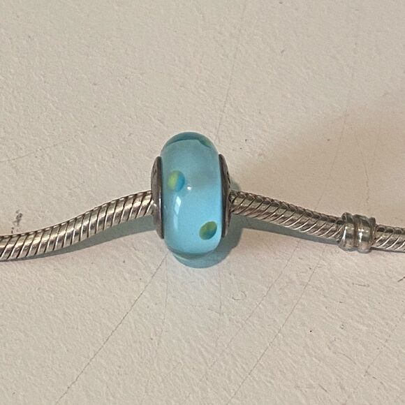 Authentic Pandora Teal Polka Dots Murano Glass Art Charm - Picture 1 of 2